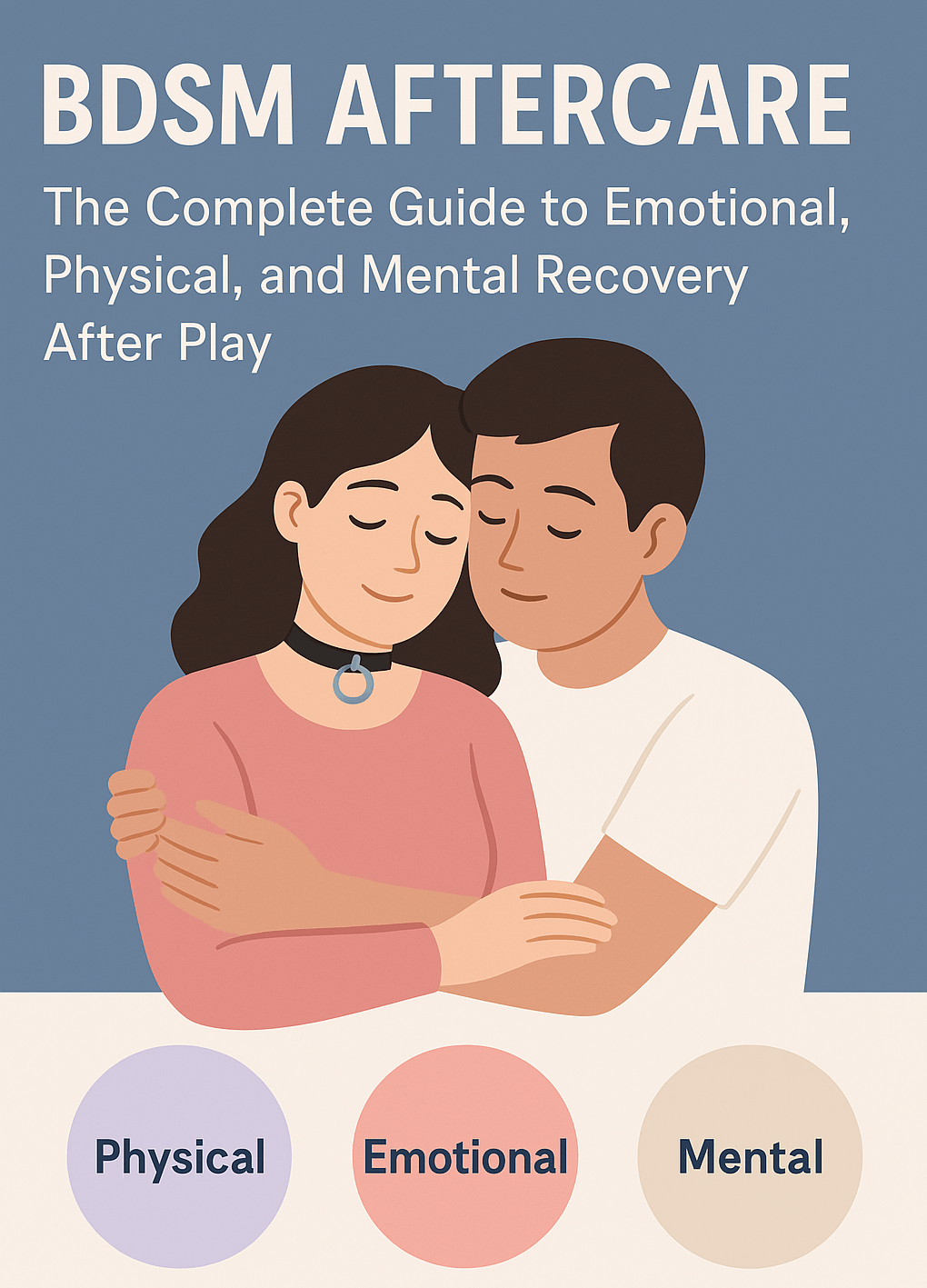 BDSM Aftercare: Emotional, Physical, and Mental Recovery After Play, with a couple embracing and icons representing care.