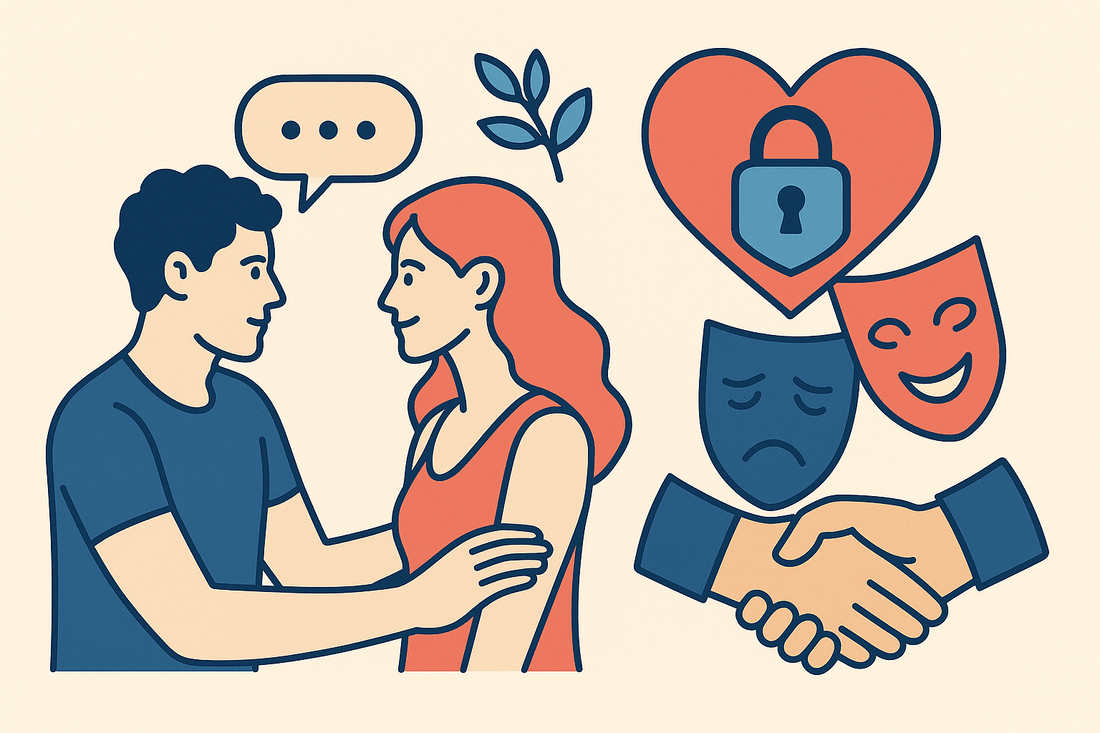 BDSM Lifestyle Guide illustration showing couples communicating and connecting emotionally with trust symbols.
