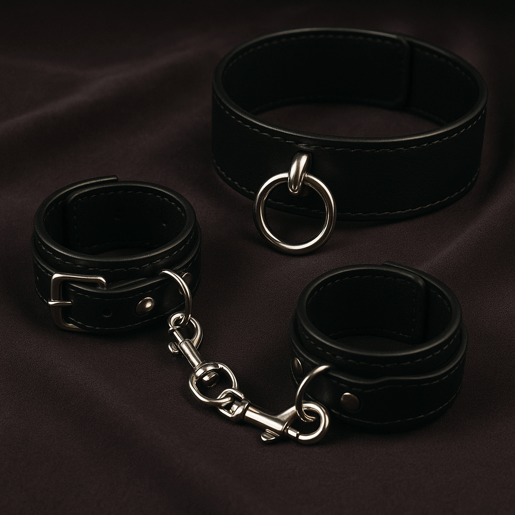 BDSM Guide: black leather collars and cuffs with metal hardware on dark fabric.