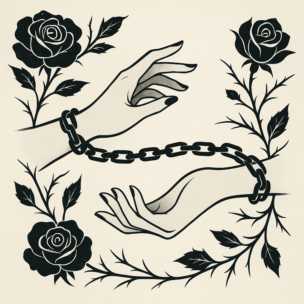Artistic illustration of hands bound by chains with roses, symbolizing themes of Impact Play in BDSM.