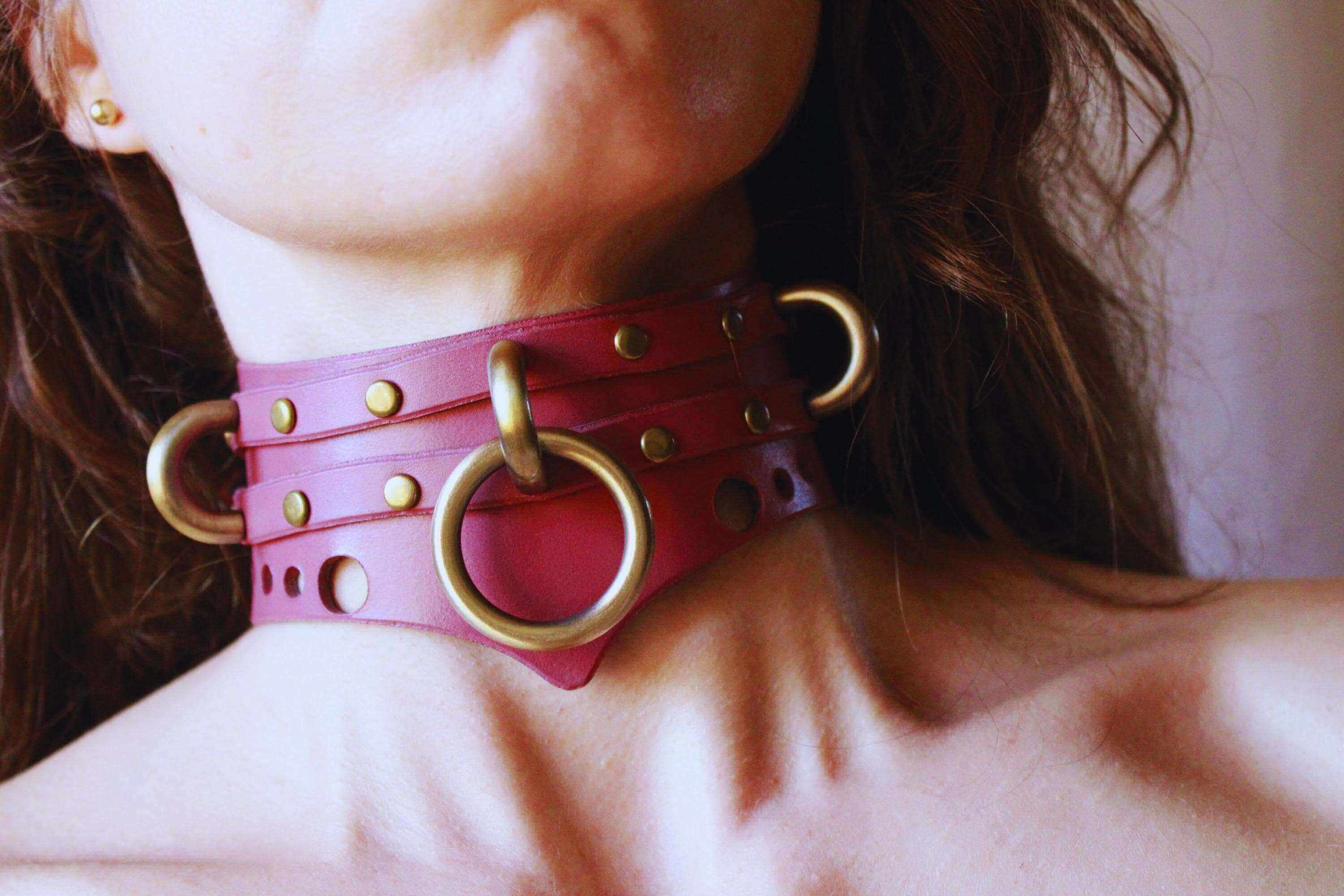 Close-up of a stylish red BDSM collar with gold accents, showcasing intimate jewelry in kink culture.