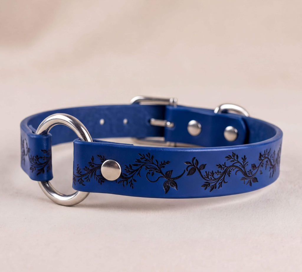 A blue leather dog collar with a floral pattern and metal rings.