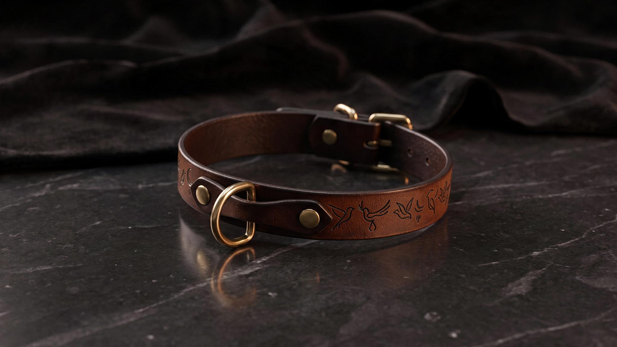 A brown leather collar with a metal buckle and a decorative design on the strap is displayed on a dark surface.