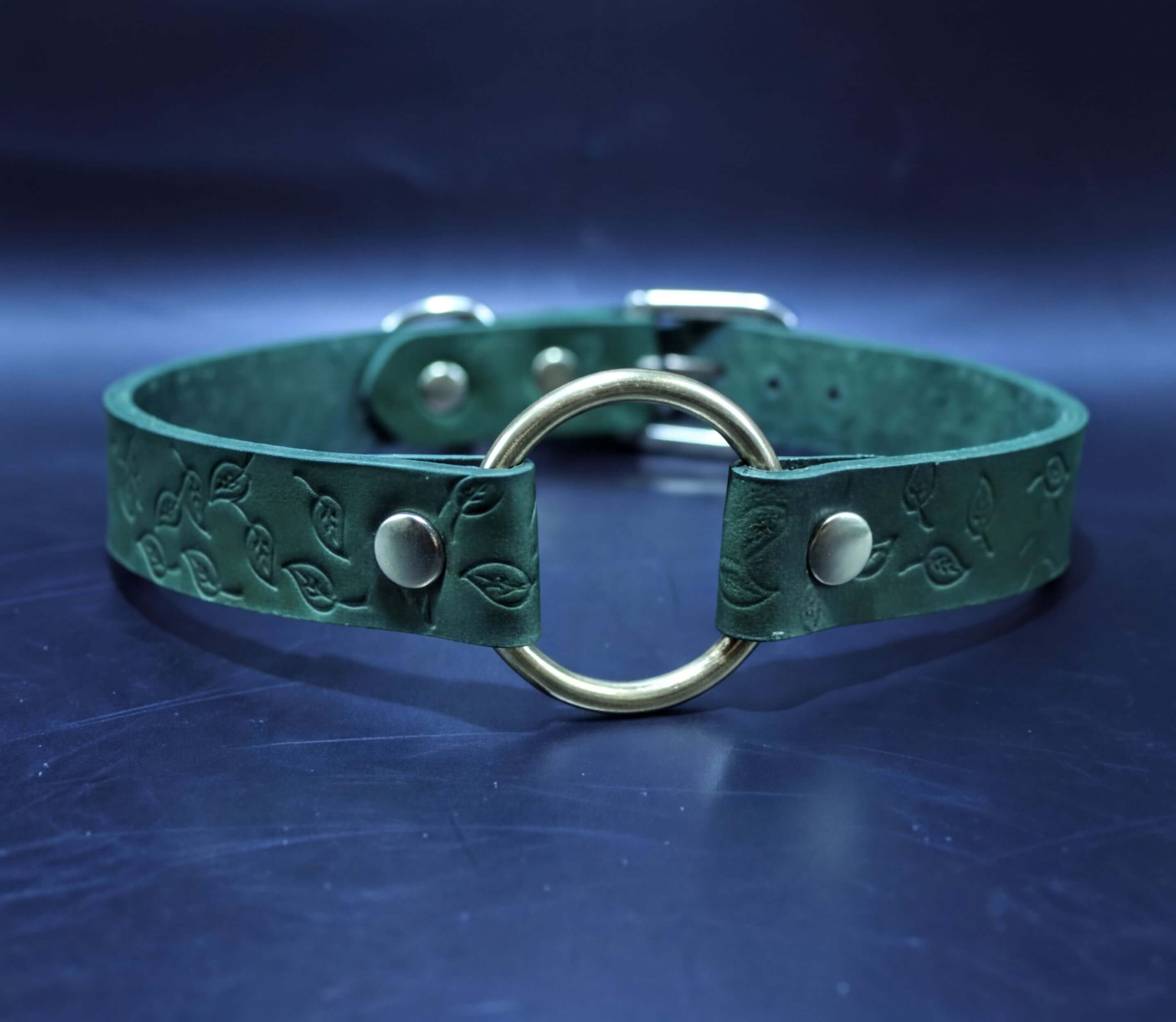 A green leather collar with a round metal ring and two metal buttons.