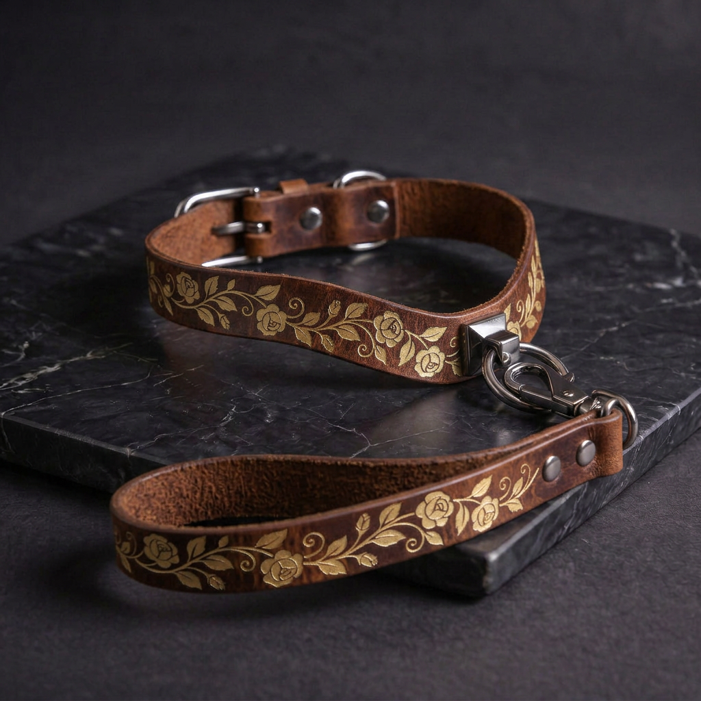 A brown leather dog collar with a floral pattern and a matching leash is displayed on a black marble surface.