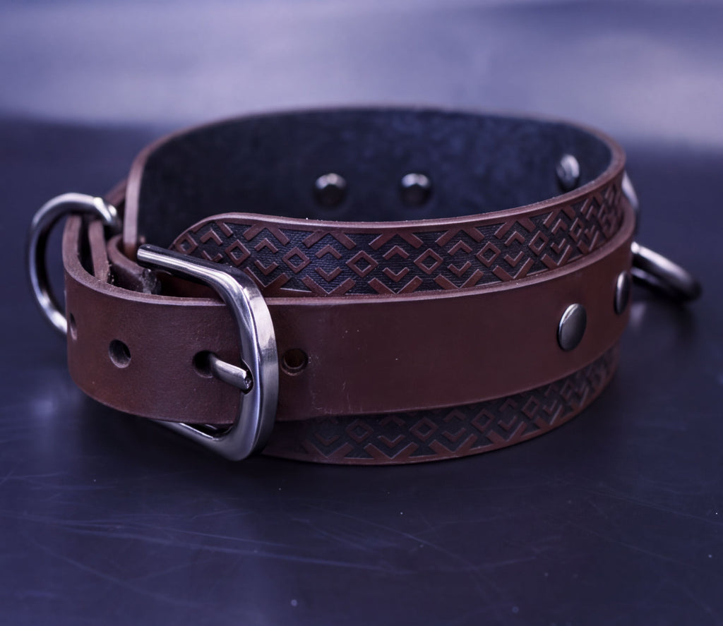 A brown leather collar with a metal buckle and decorative pattern on the leather.