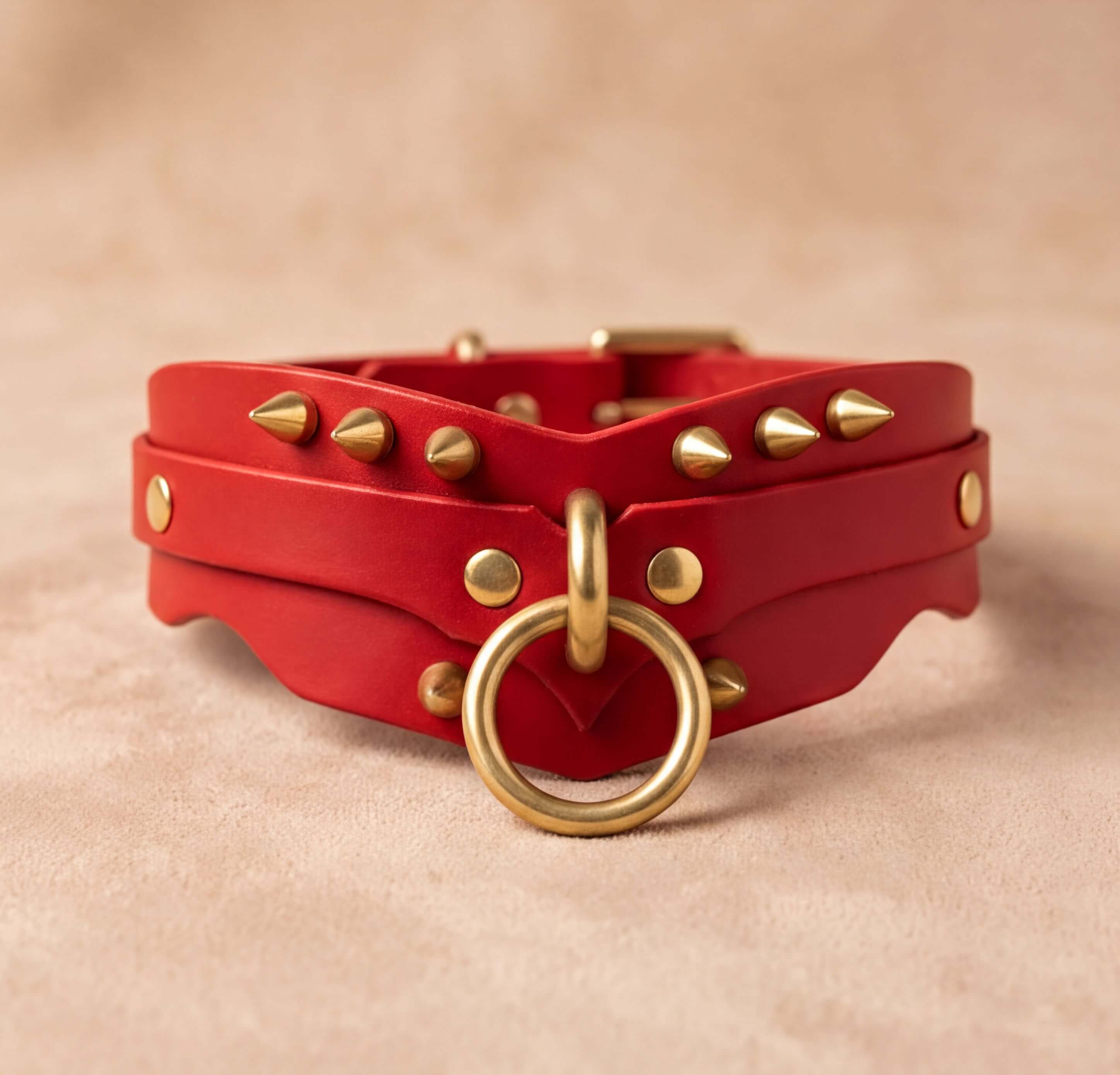 A red leather choker necklace with gold studs and a gold ring is displayed against a beige background.
