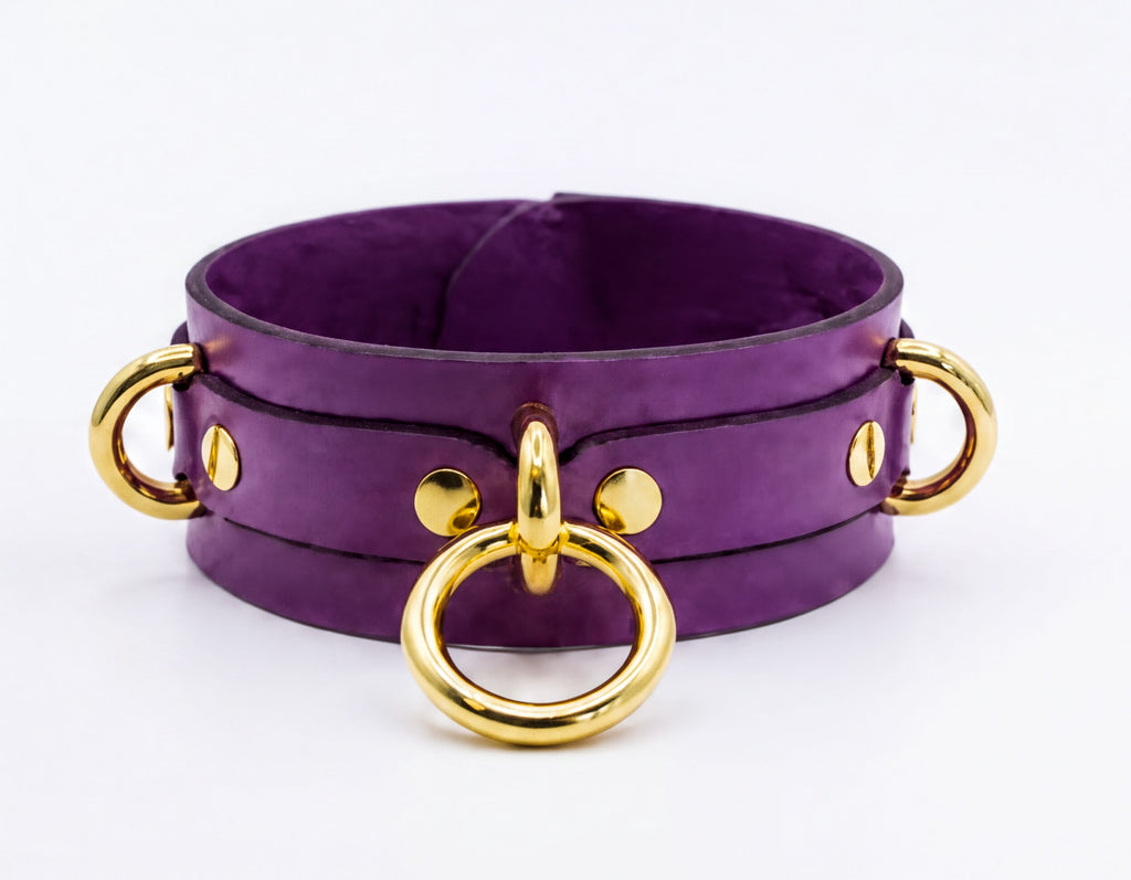 A purple leather choker necklace with gold metal rings and buckles.