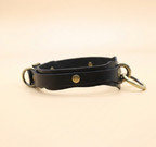 A black leather collar with metal rings and a buckle.