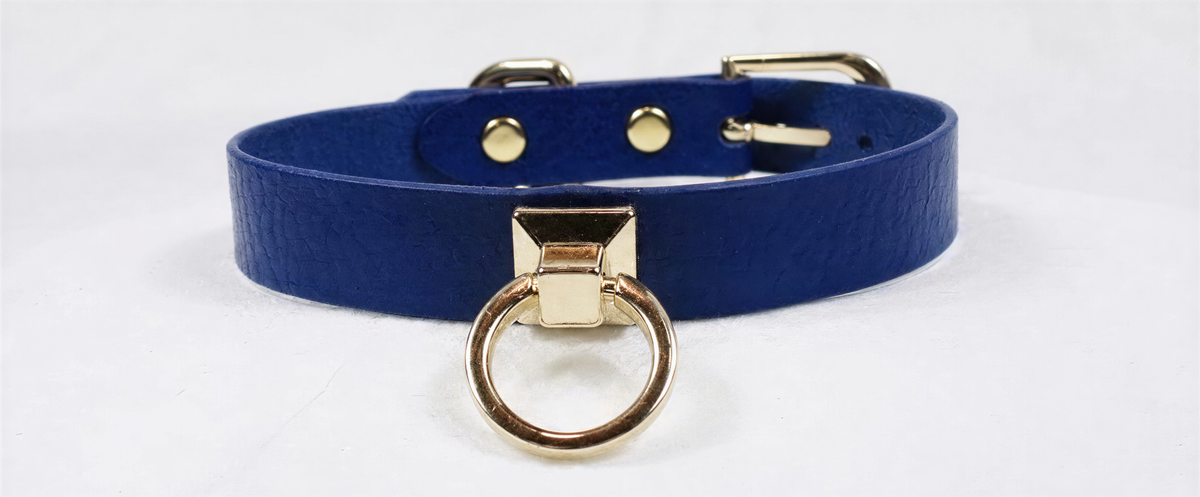 A blue leather choker collar with a gold-colored metal ring and buckle.