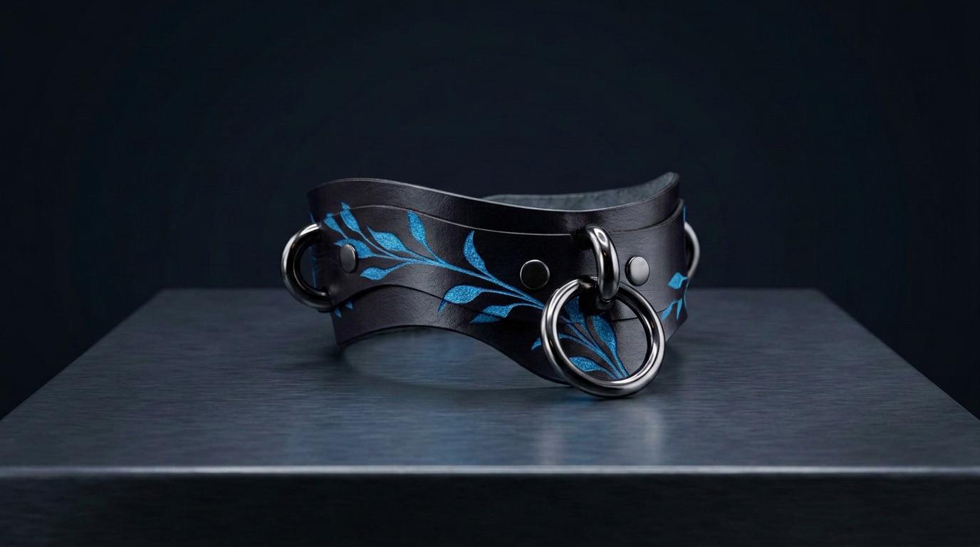 A black leather choker necklace with blue leaf designs and metal rings is displayed on a dark surface.