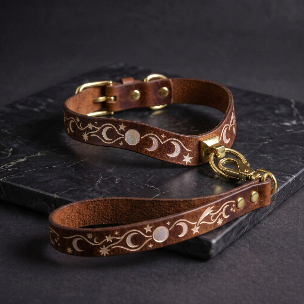 A brown leather dog collar with a star and moon design, and a matching leash, both resting on a black marble surface.