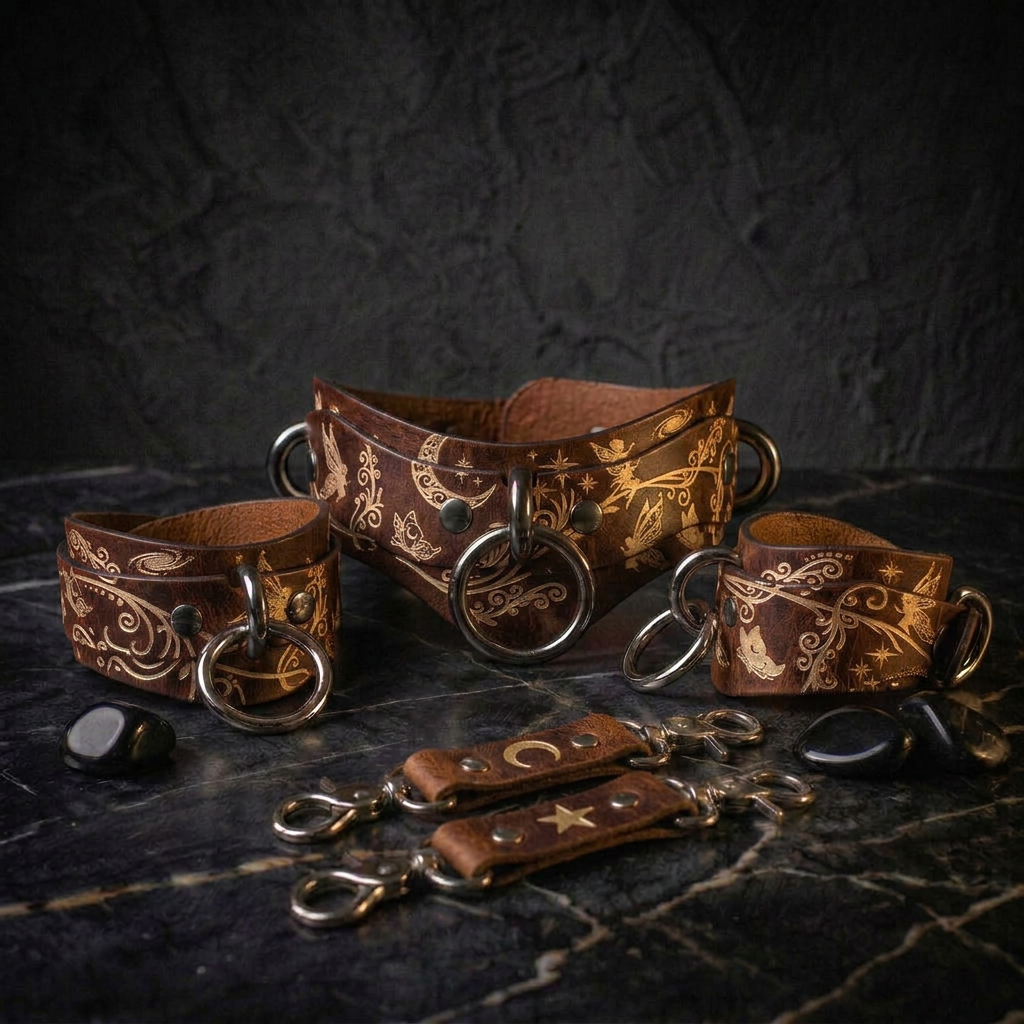 a collection of leather straps and charms arranged on a dark surface, possibly a table or countertop.