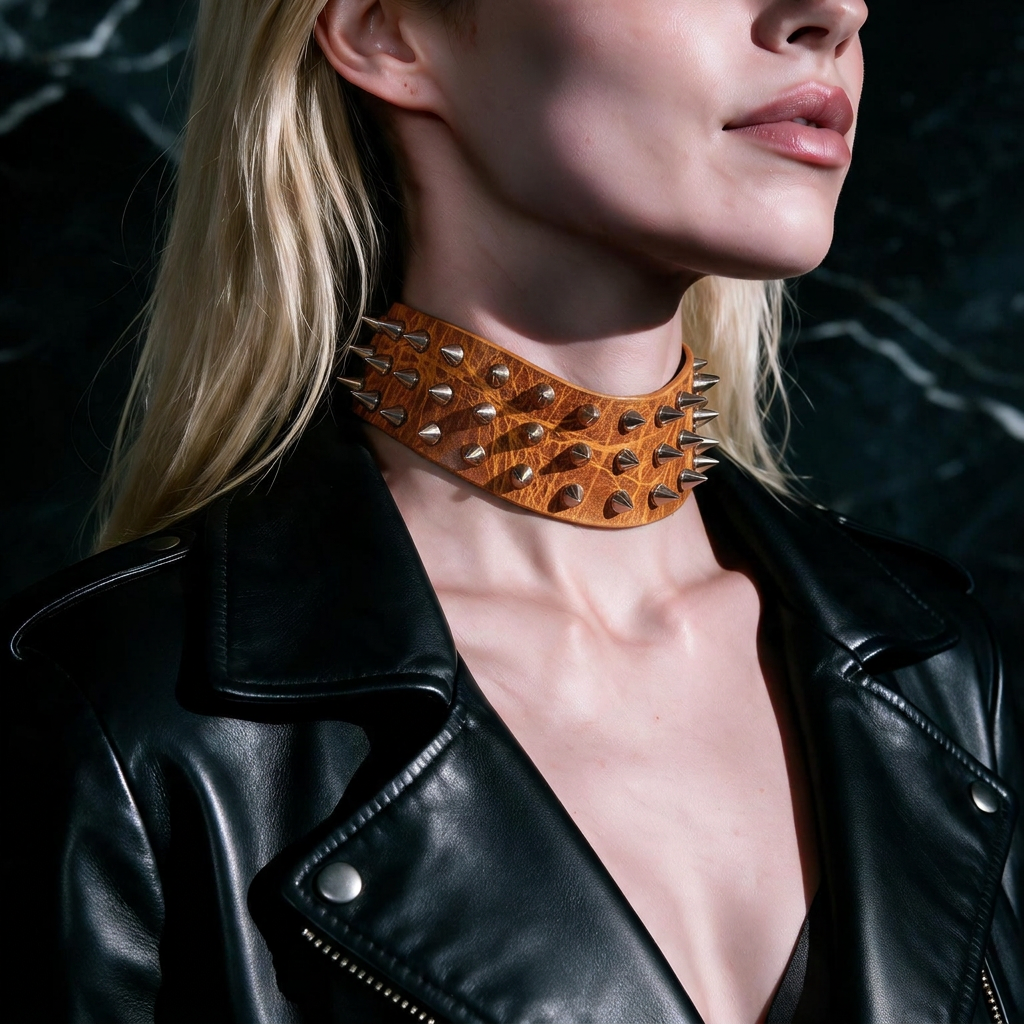 A close-up of a woman wearing a black leather jacket with a large, orange choker necklace featuring spikes.