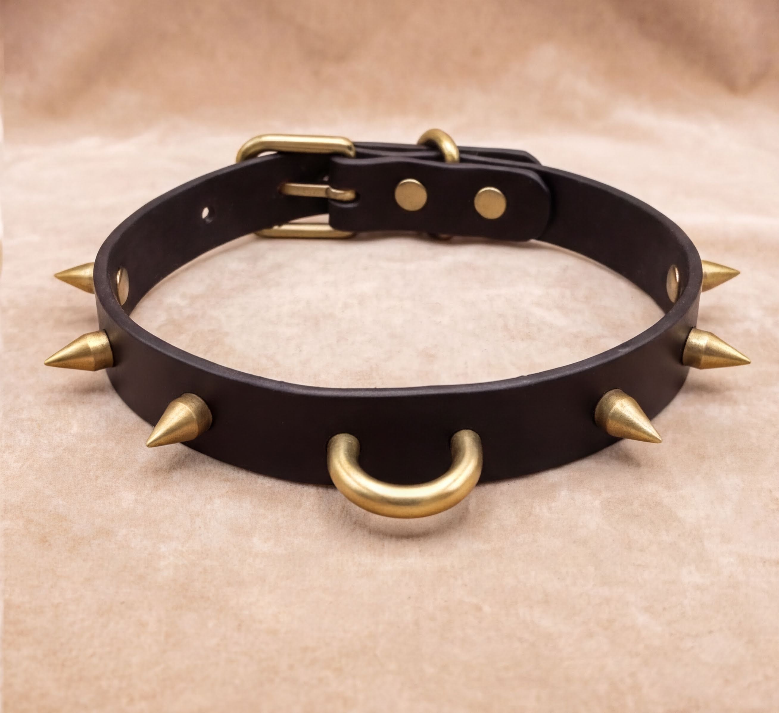 A black leather collar with gold spikes protruding from it.