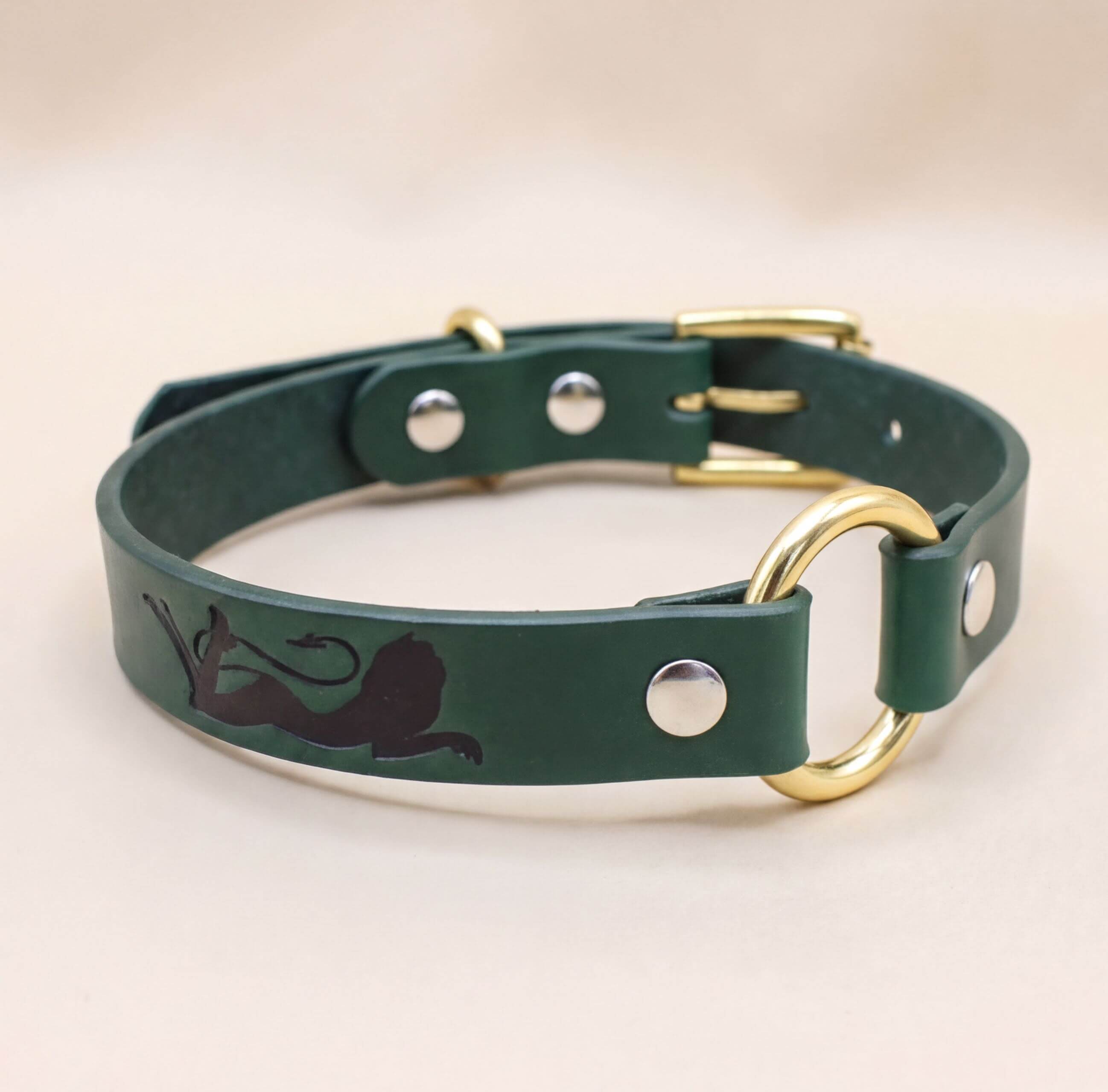 A green leather collar with a gold buckle and a black silhouette of a cat.
