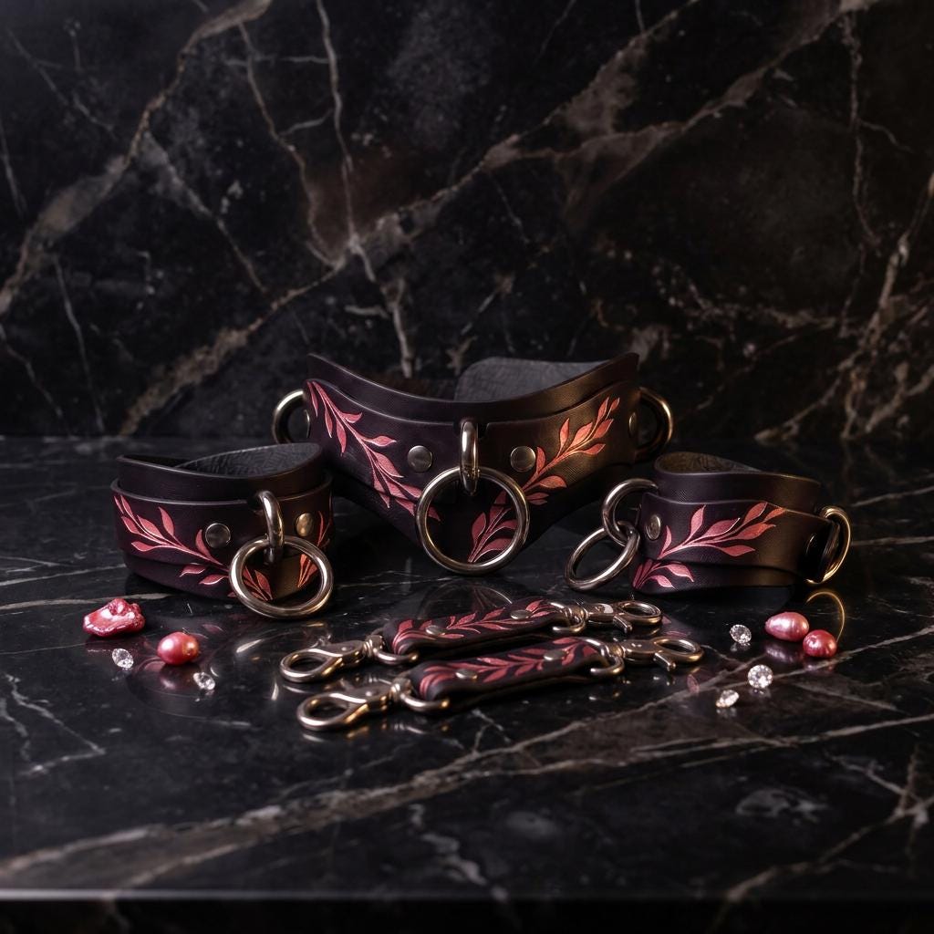 a collection of leather straps and charms, including a choker, arranged on a black marble surface.