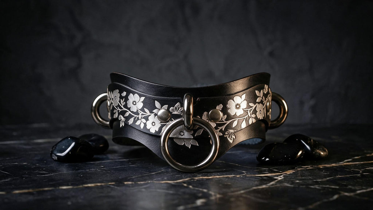 A black leather collar with silver floral designs and metal rings, placed on a dark surface with black stones or stones around it.