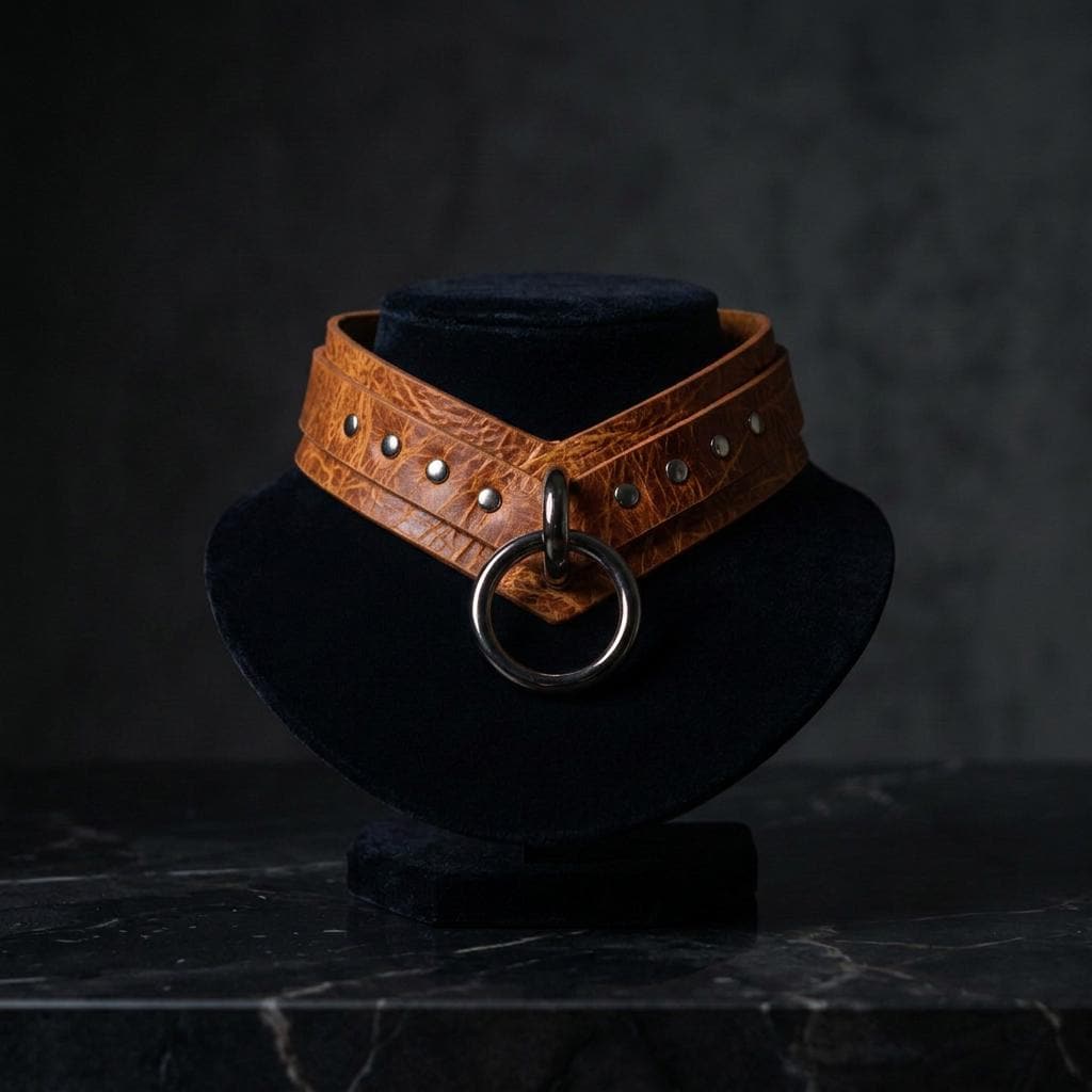 A brown leather choker necklace with a metal ring and studs is displayed on a black velvet stand against a dark background.