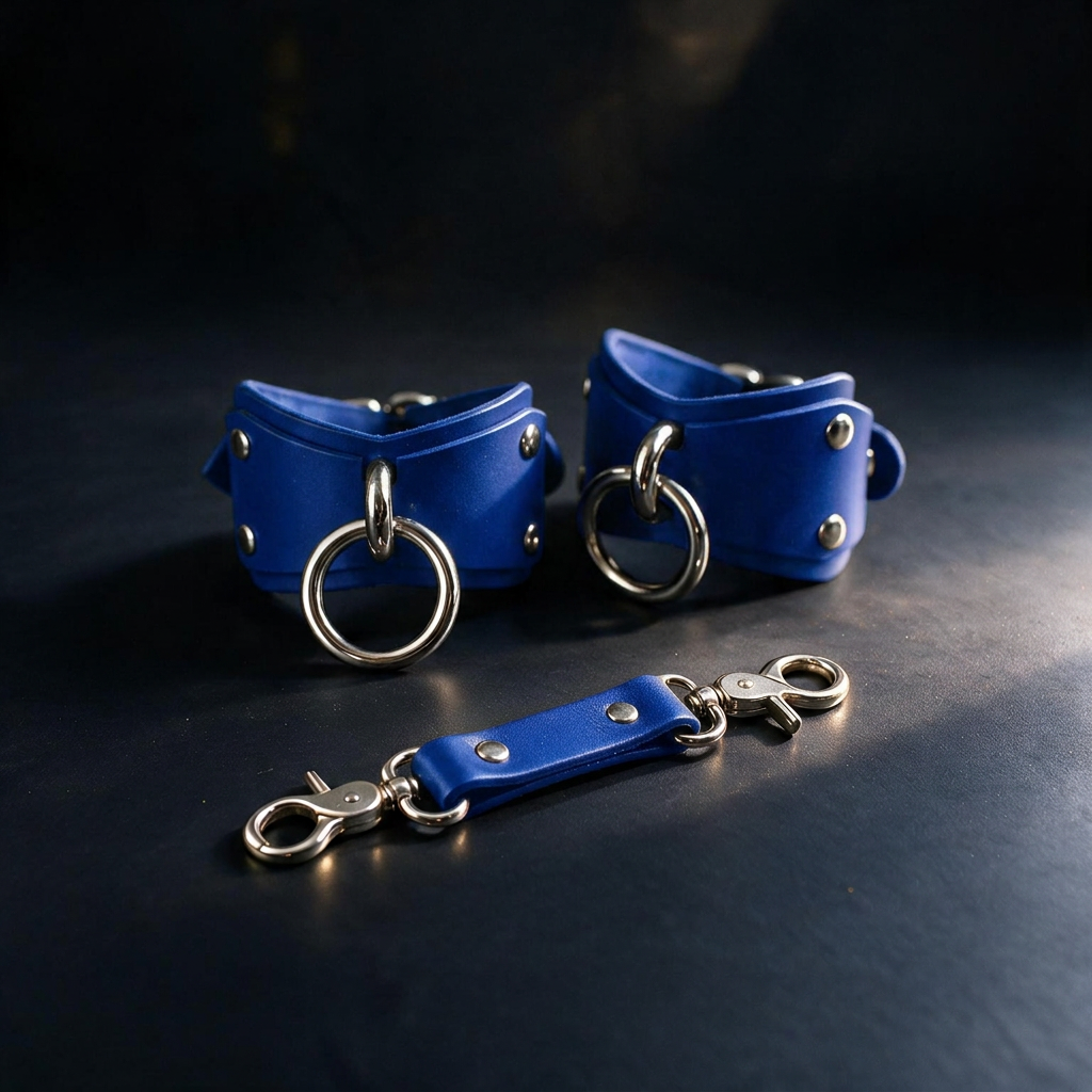 a pair of blue leather straps with metal rings and a blue leather strap with metal rings, all placed on a dark surface.