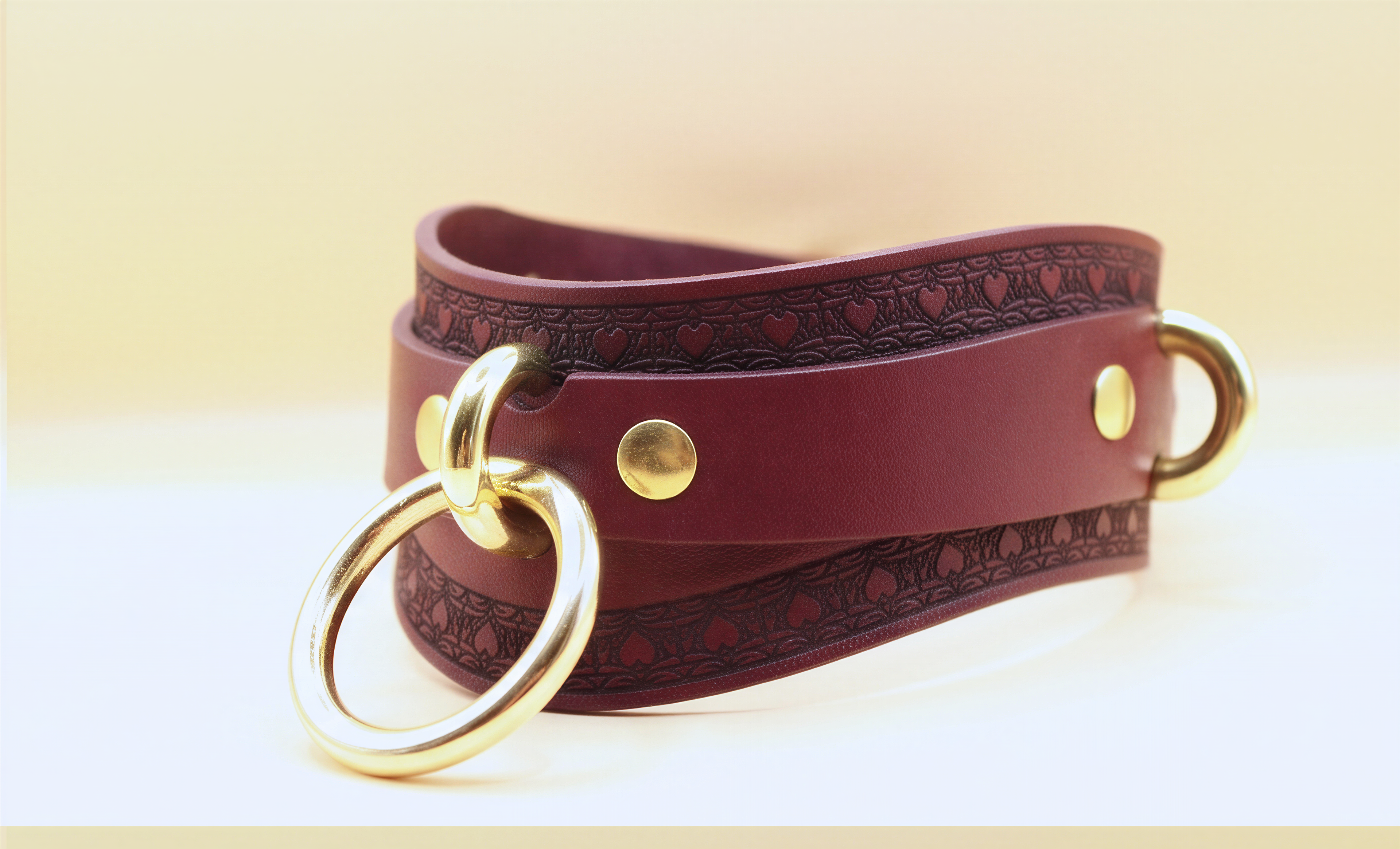 A burgundy leather choker necklace with a gold-colored ring and two gold-colored buckles.