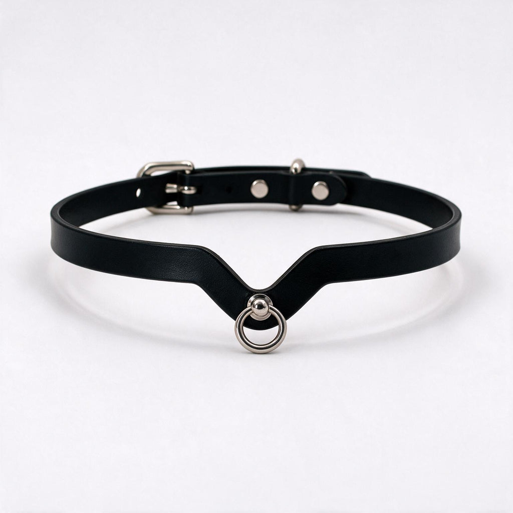 A black leather choker necklace with a metal ring and buckle.