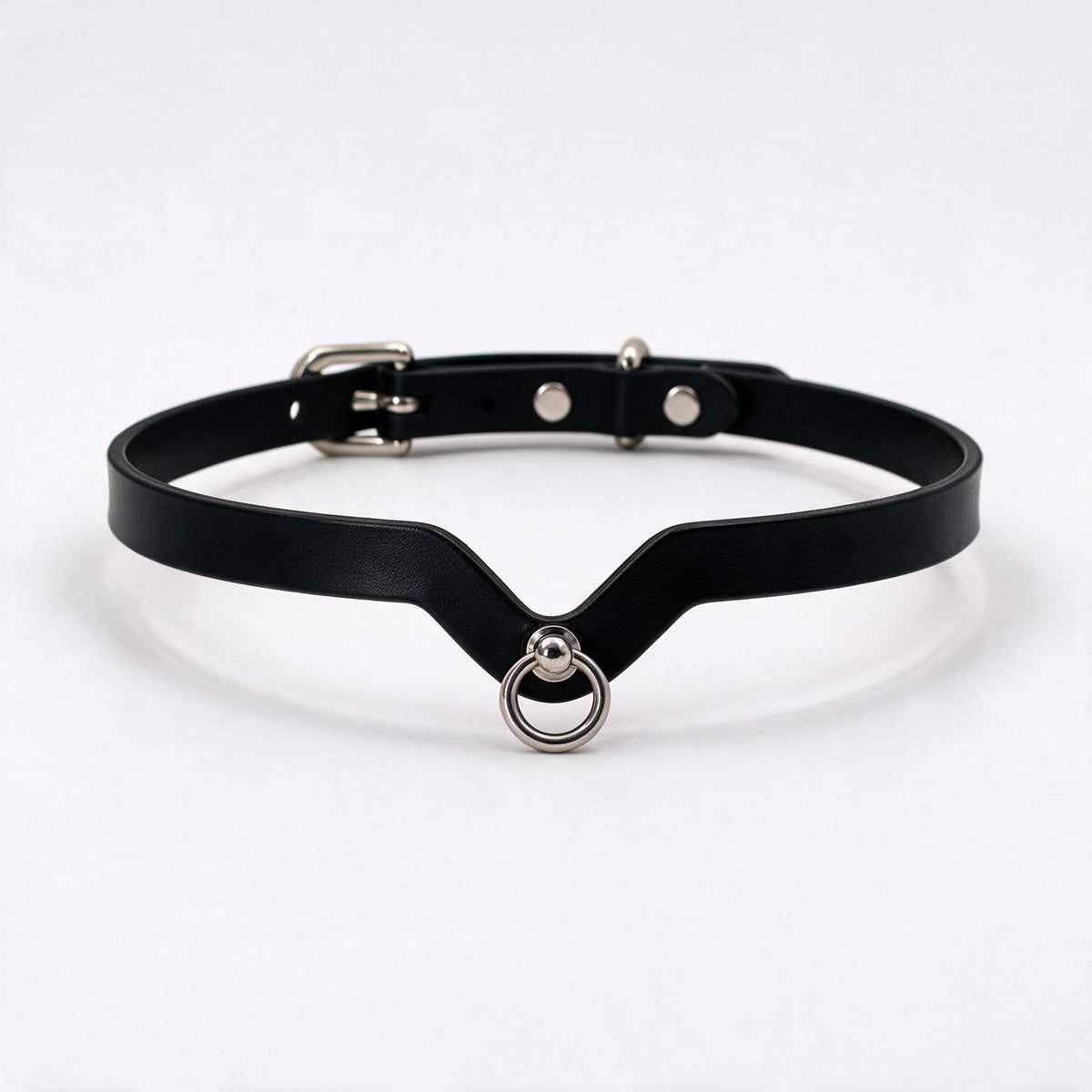 A black leather choker necklace with a metal ring and buckle.