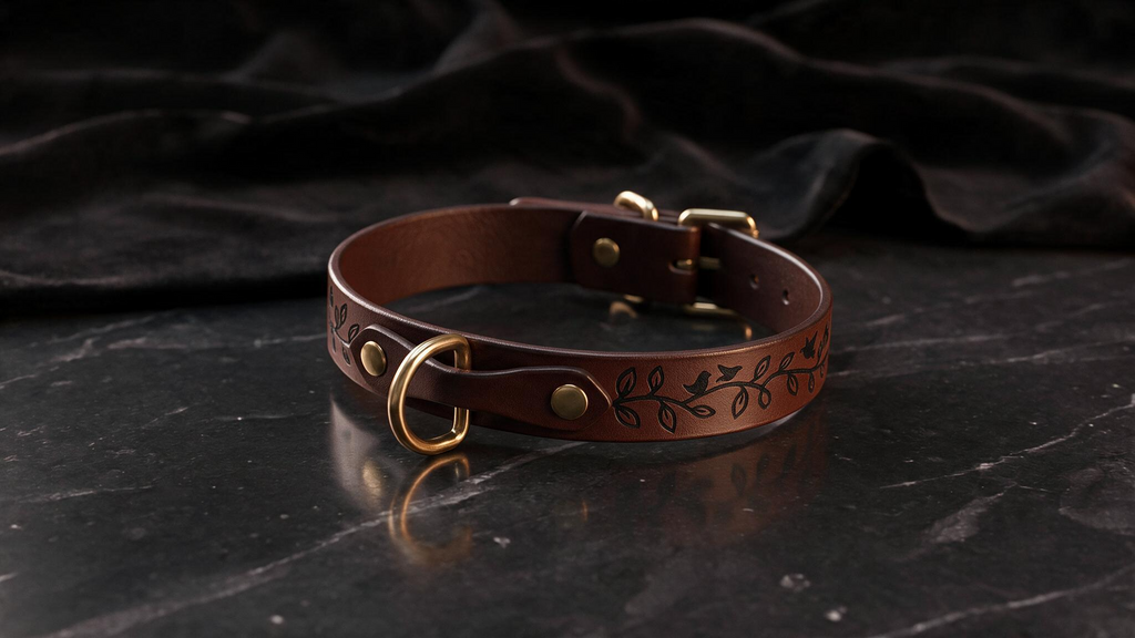 A brown leather collar with a leaf design sits on a dark surface, such as a marble table.