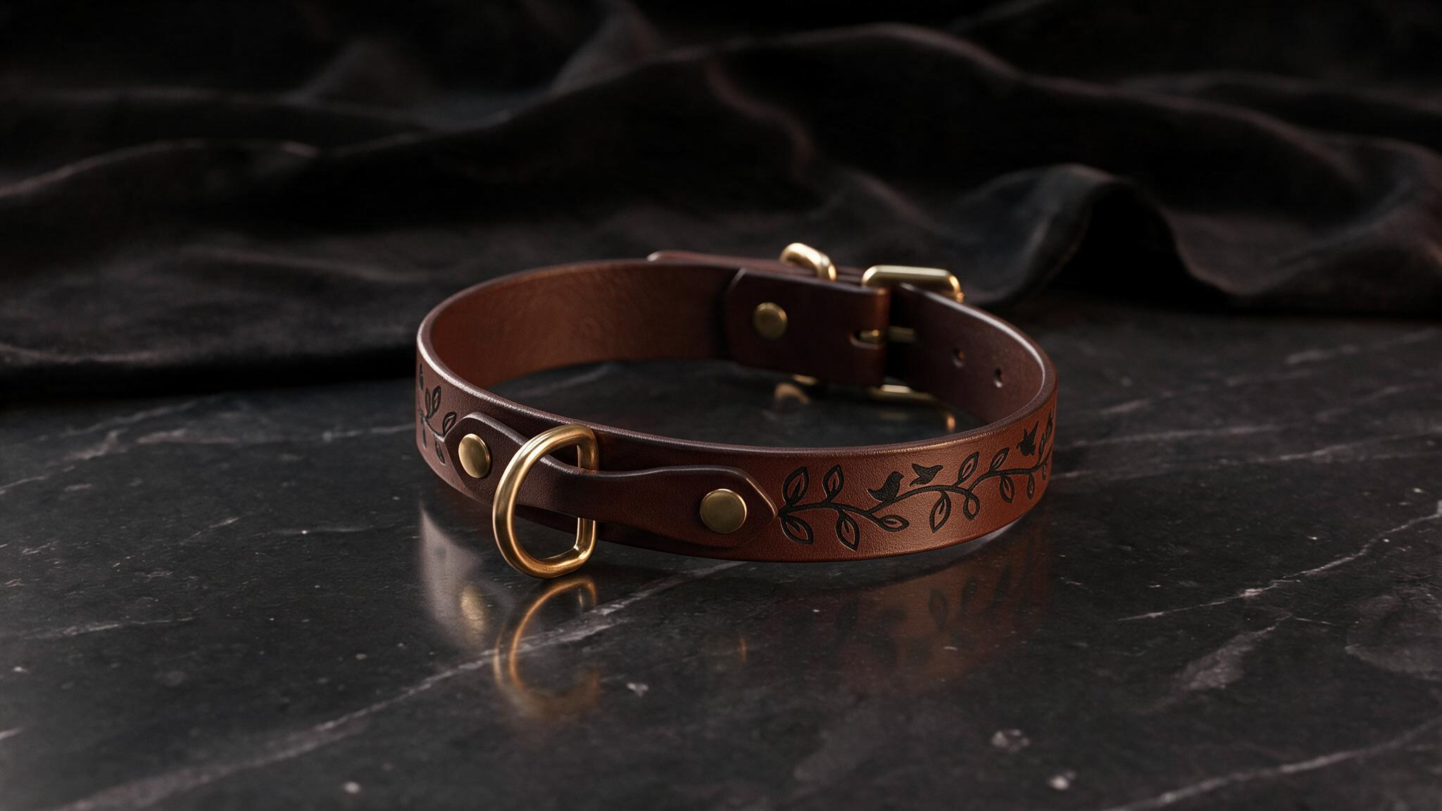 A brown leather collar with a leaf design sits on a dark surface, such as a marble table.