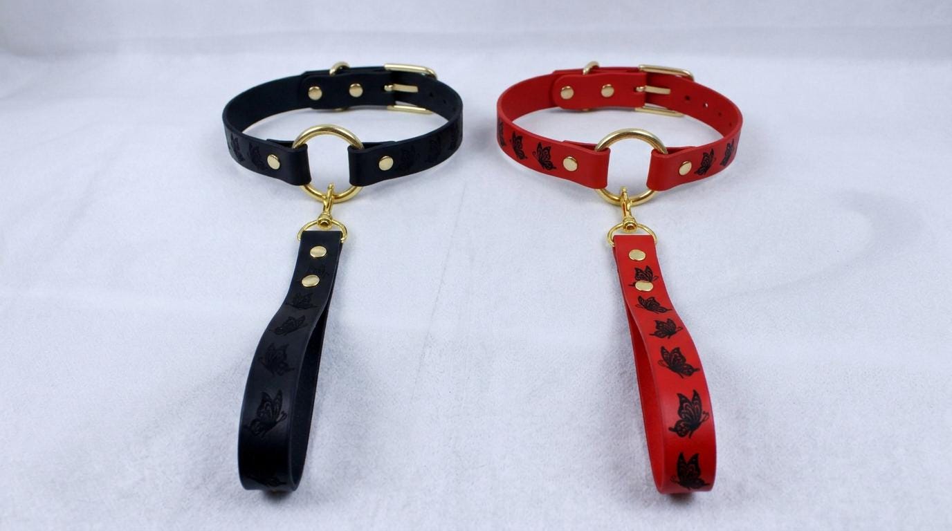 two leather dog collars, one black and one red, with gold-colored buckles and handles.