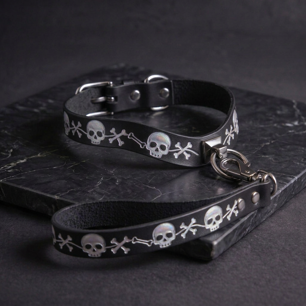 A black leather collar with skull and crossbones designs, and a black leash attached to it, resting on a dark surface.