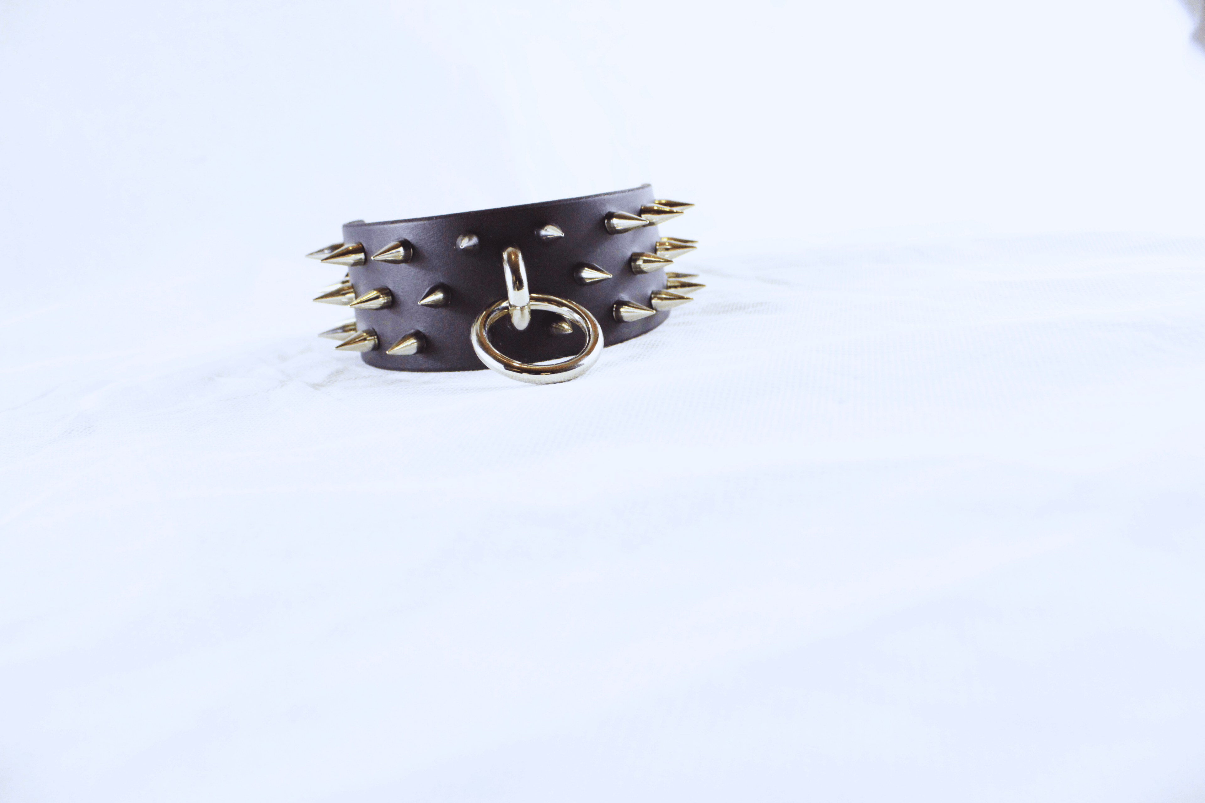 Dominion Leather Collar featuring sharp spikes and a metal D-ring for BDSM wear.