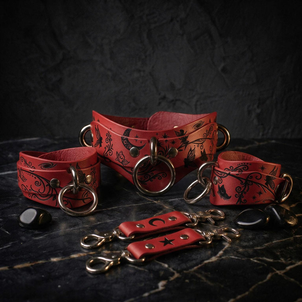 a collection of red leather straps and accessories, including a corset-style collar, leather straps, and a corset-style corset, all set against a dark background.