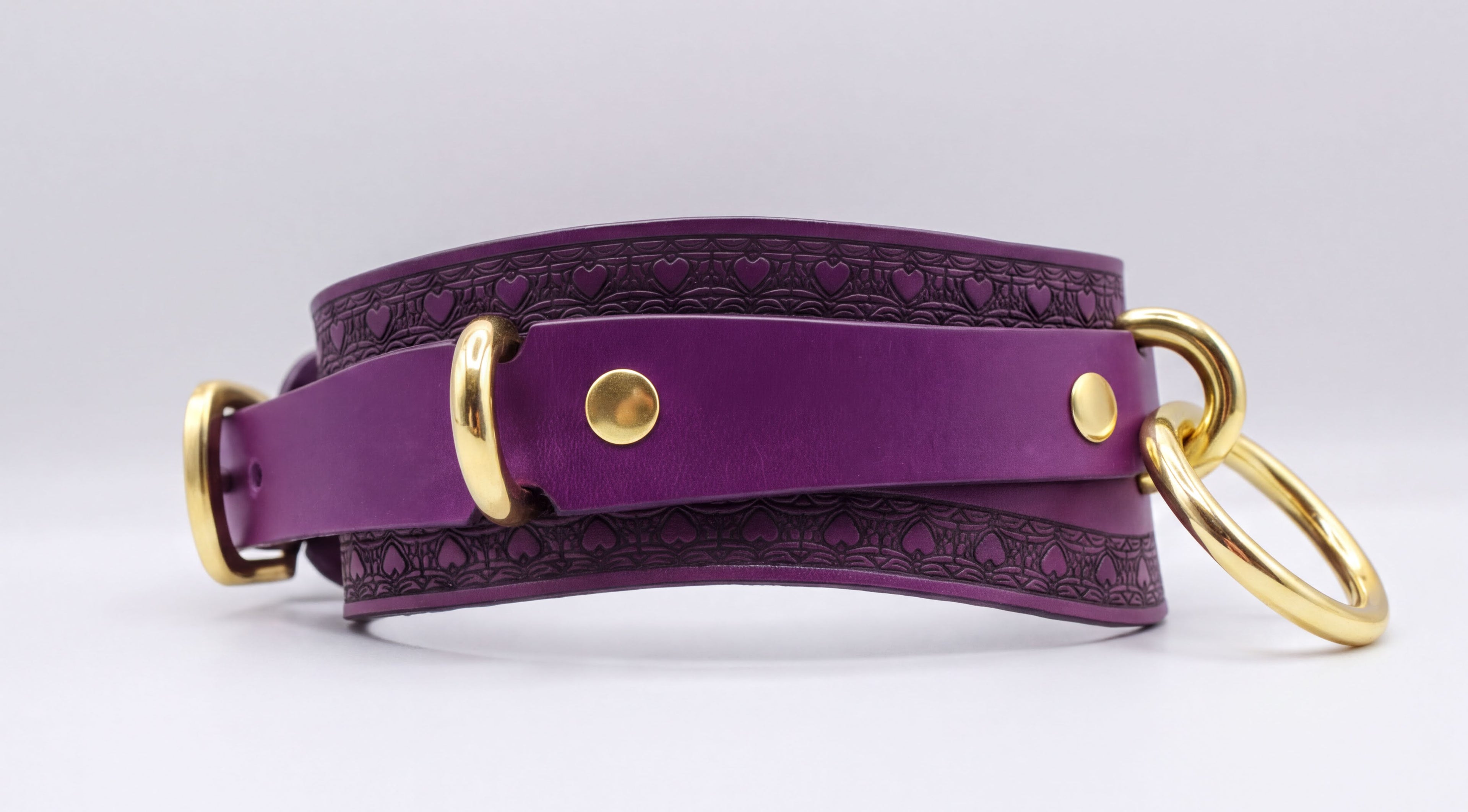 A purple leather choker collar with gold hardware, including a buckle and two rings, is shown in the image.
