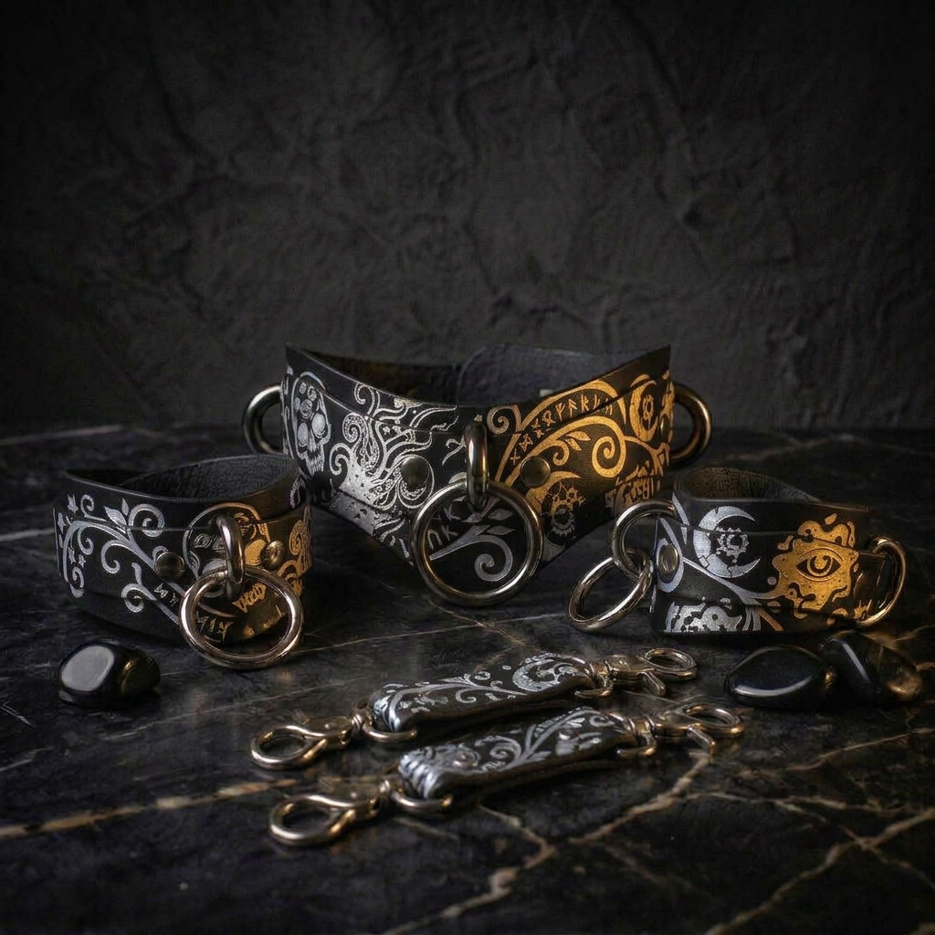 a collection of ornate leather straps with intricate designs, including a central ornate strap and several smaller straps with similar designs. The straps are displayed on a dark surface, with some small stones or pebbles scattered around them.