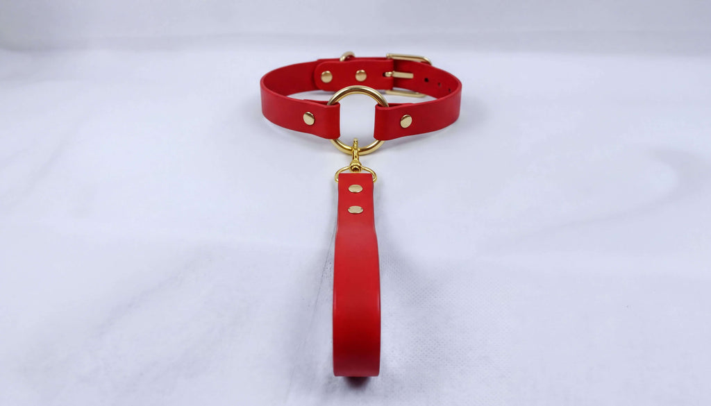 A red leather collar with a gold-colored buckle and a red strap hanging from it.
