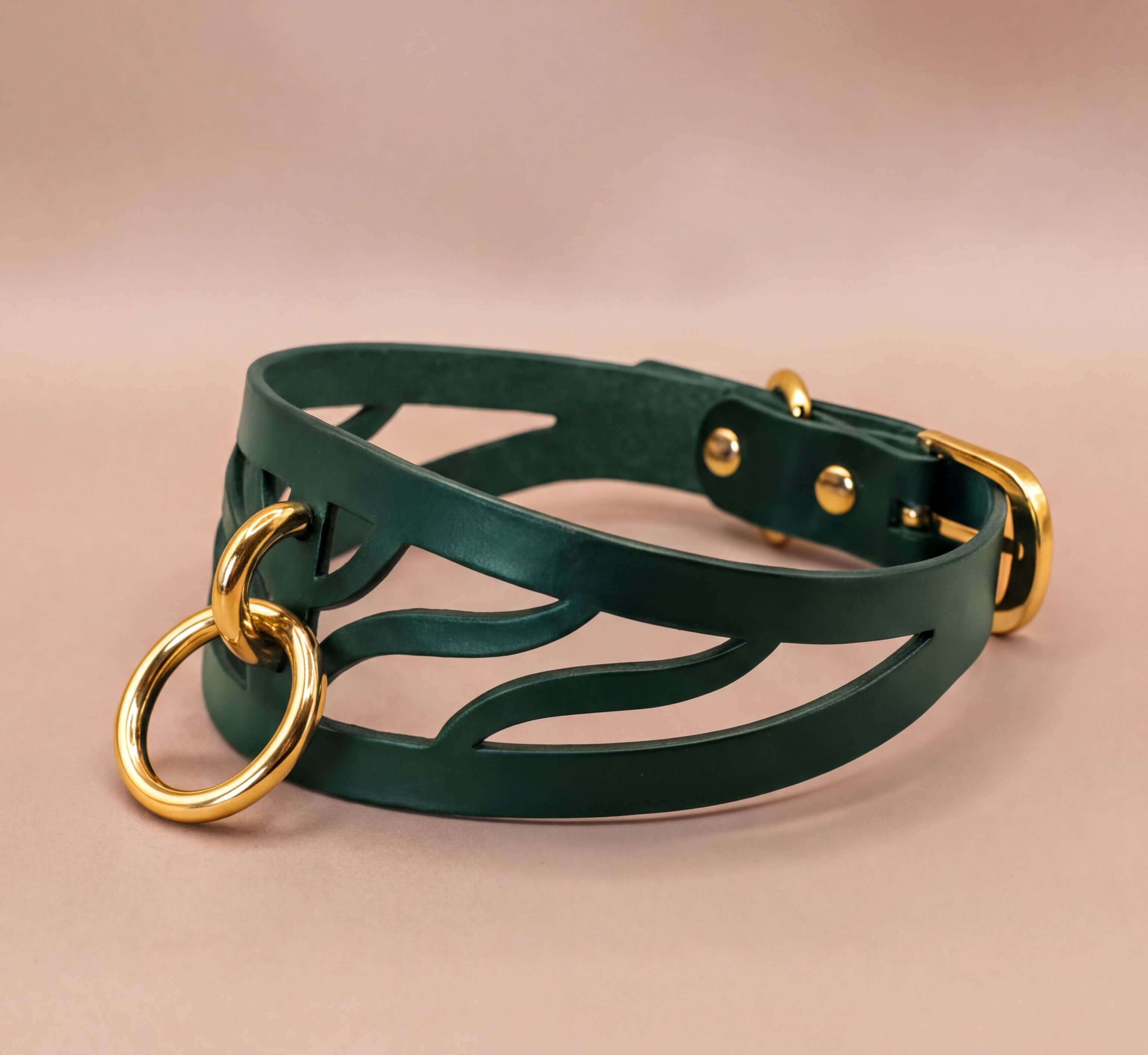 A green leather choker necklace with a gold-colored metal ring and buckle.