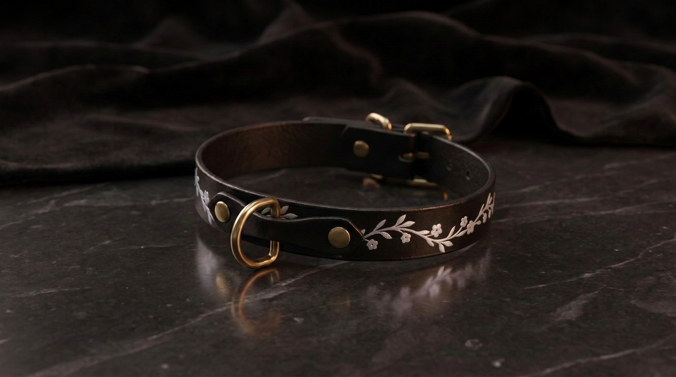 A black leather collar with a gold-colored buckle and a white floral design on the strap is displayed on a dark surface.