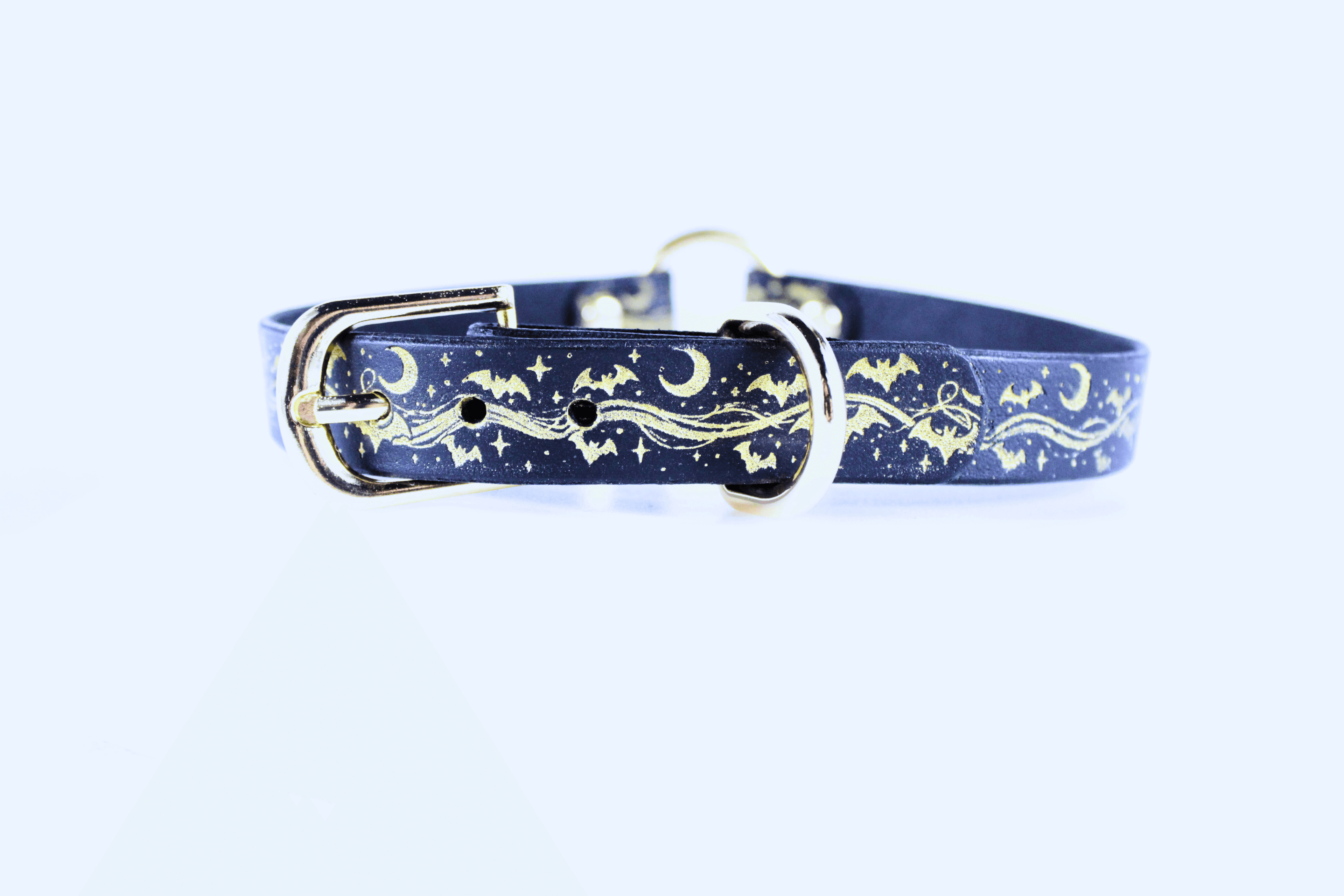 Bats BDSM Collar – Celestial Leather Choker featuring golden bats, moons, and stars on smooth leather.