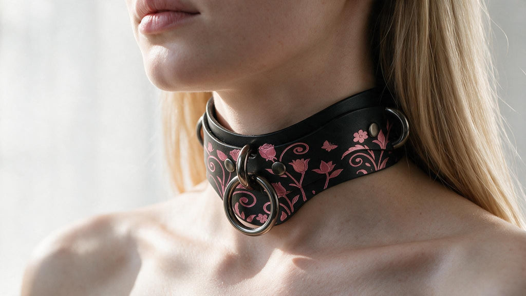 A close-up of a woman's neck wearing a black choker necklace with pink floral designs.
