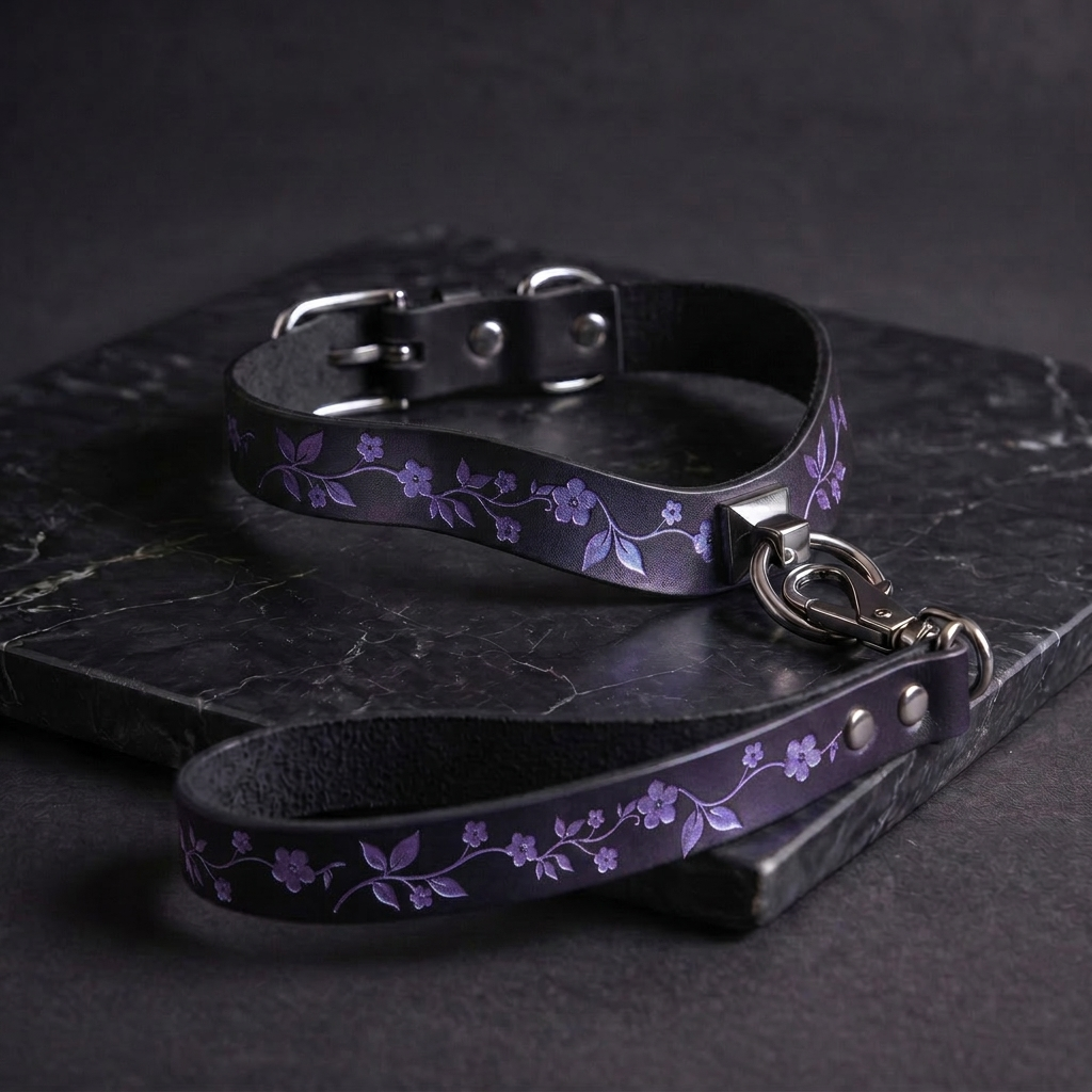 A purple leather collar with a floral pattern and a matching leash are displayed on a dark surface.