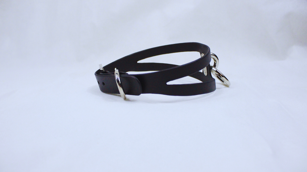 A black leather choker necklace with silver metal rings is shown against a white background.