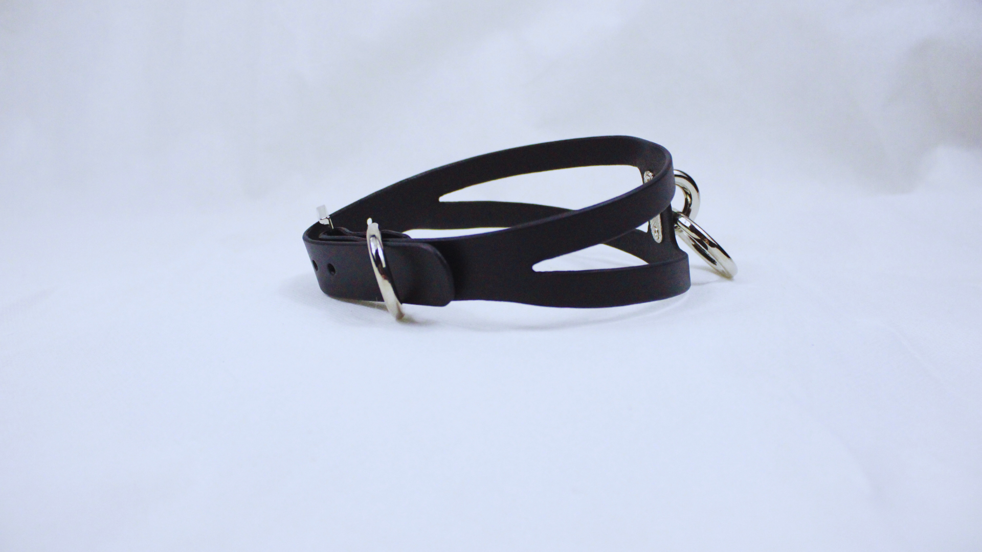 A black leather choker necklace with silver metal rings is shown against a white background.
