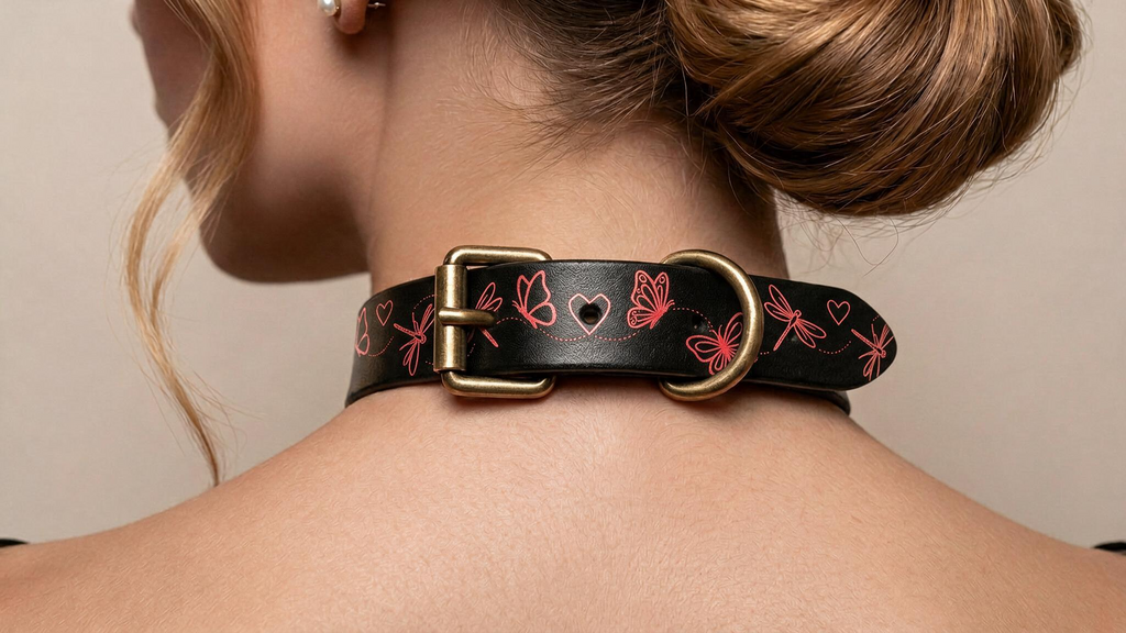 A close-up view of a woman's neck and shoulders, focusing on a black leather choker necklace with a gold buckle and butterfly designs.