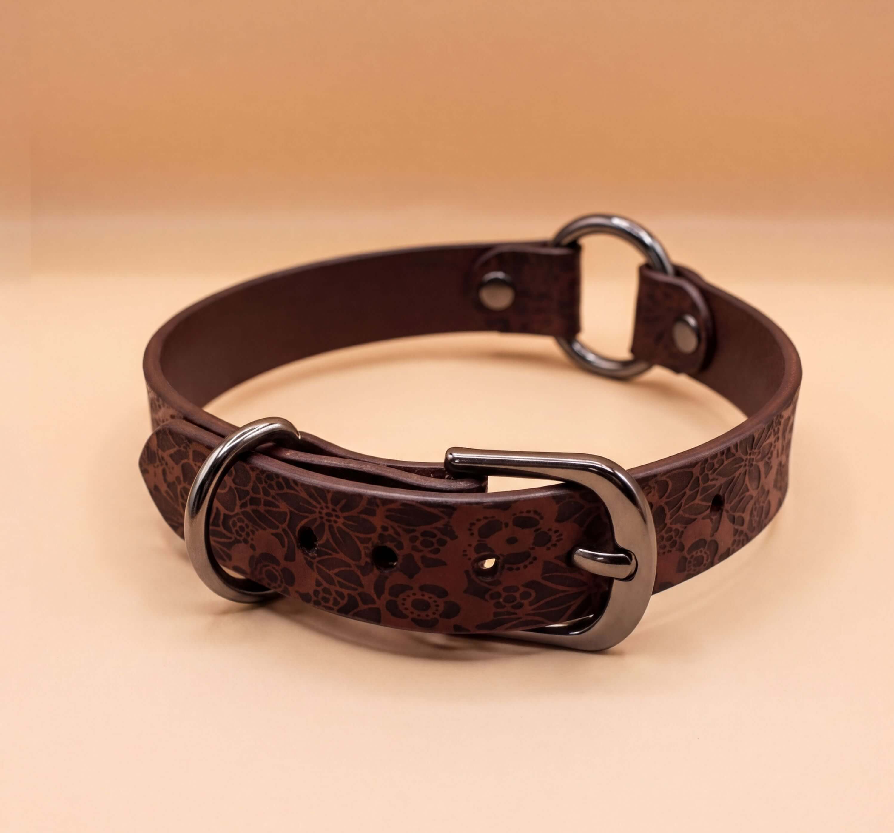 A brown leather collar with a metal buckle and two metal rings.