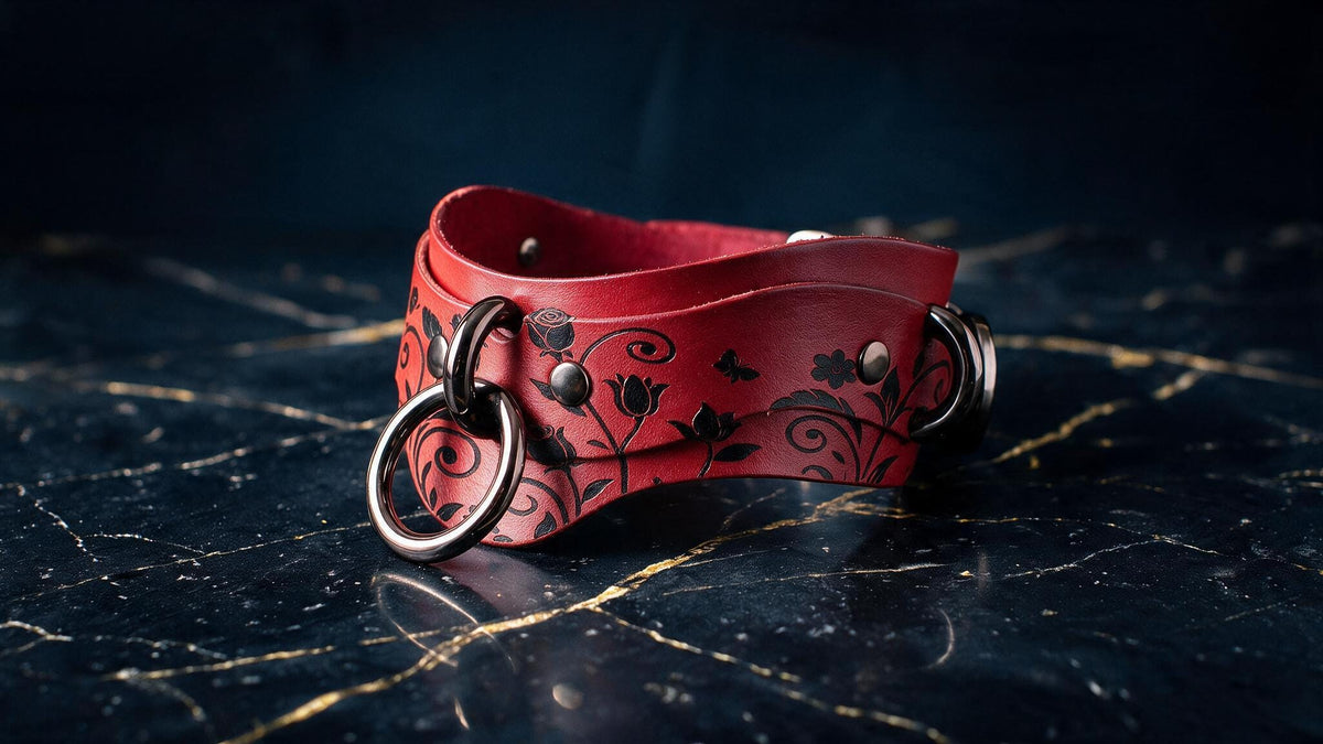 A red leather choker necklace with black floral designs and metal rings is displayed on a dark marble surface.