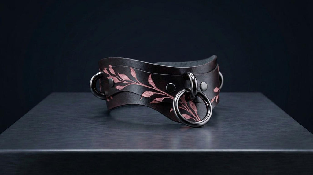 A black leather choker necklace with a floral design and metal rings on the front.