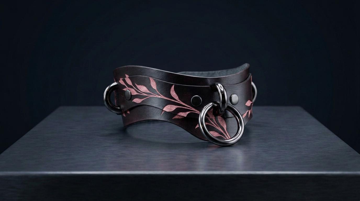 A black leather choker necklace with a floral design and metal rings on the front.