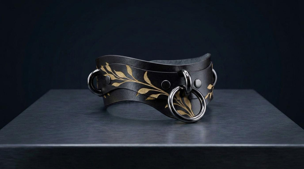 A black leather choker necklace with gold leaf designs and metal rings is displayed on a dark surface.