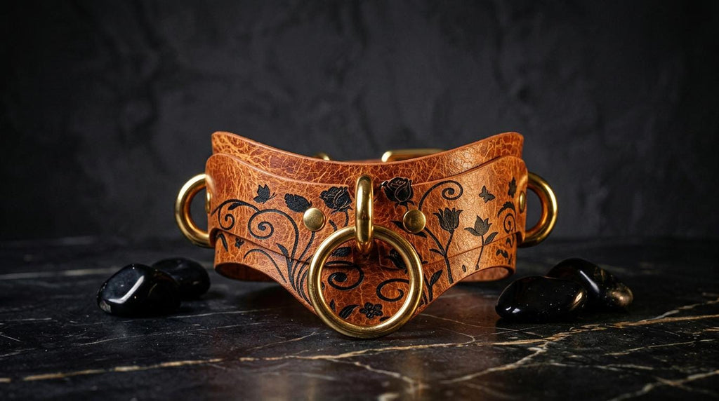 A leather collar with a floral design and gold-colored metal rings is displayed on a black marble surface, accompanied by black gemstones.